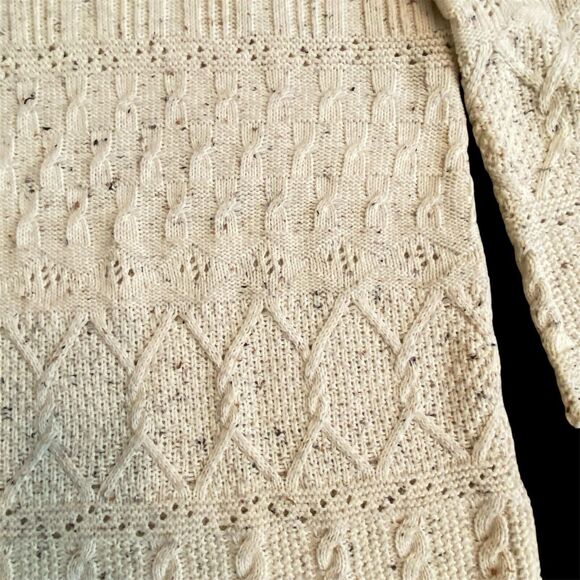 Vintage 90s UK Fisherman Cable Knit Sweater Ivory Long Sl Tweed Multi Pattern 1X - Picture 3 of 6